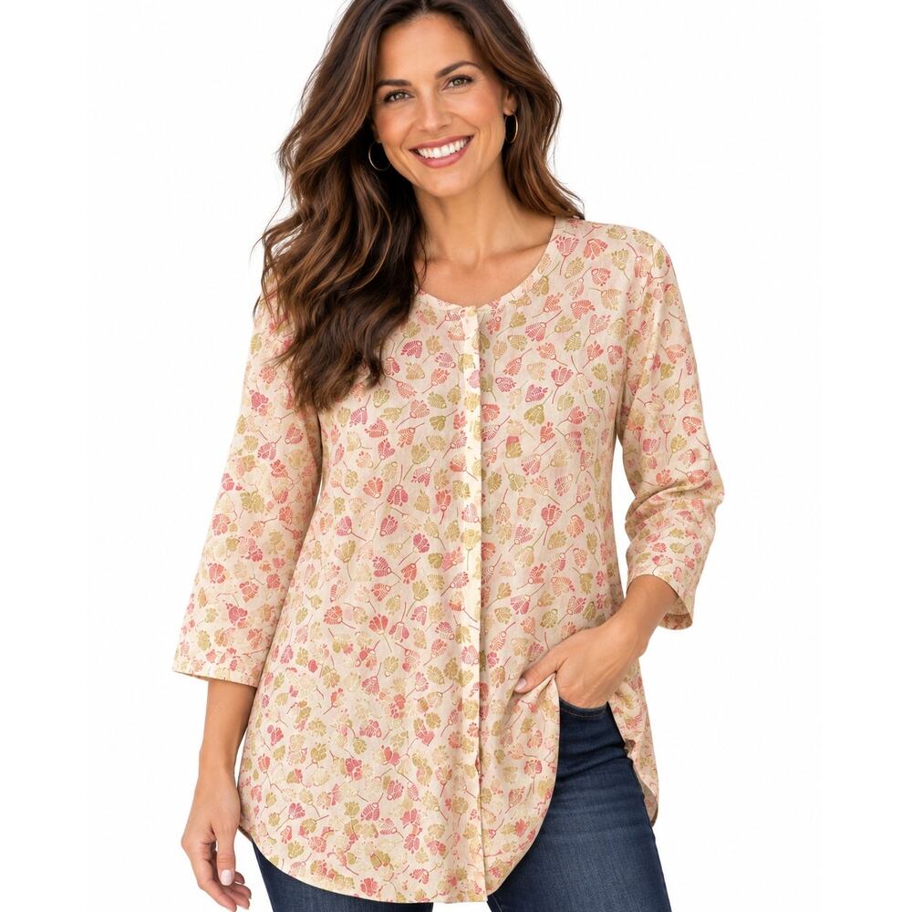 Gudrun Sjoden Organic Cotton Tunic Womens Large Yellow Floral Button Knit Top